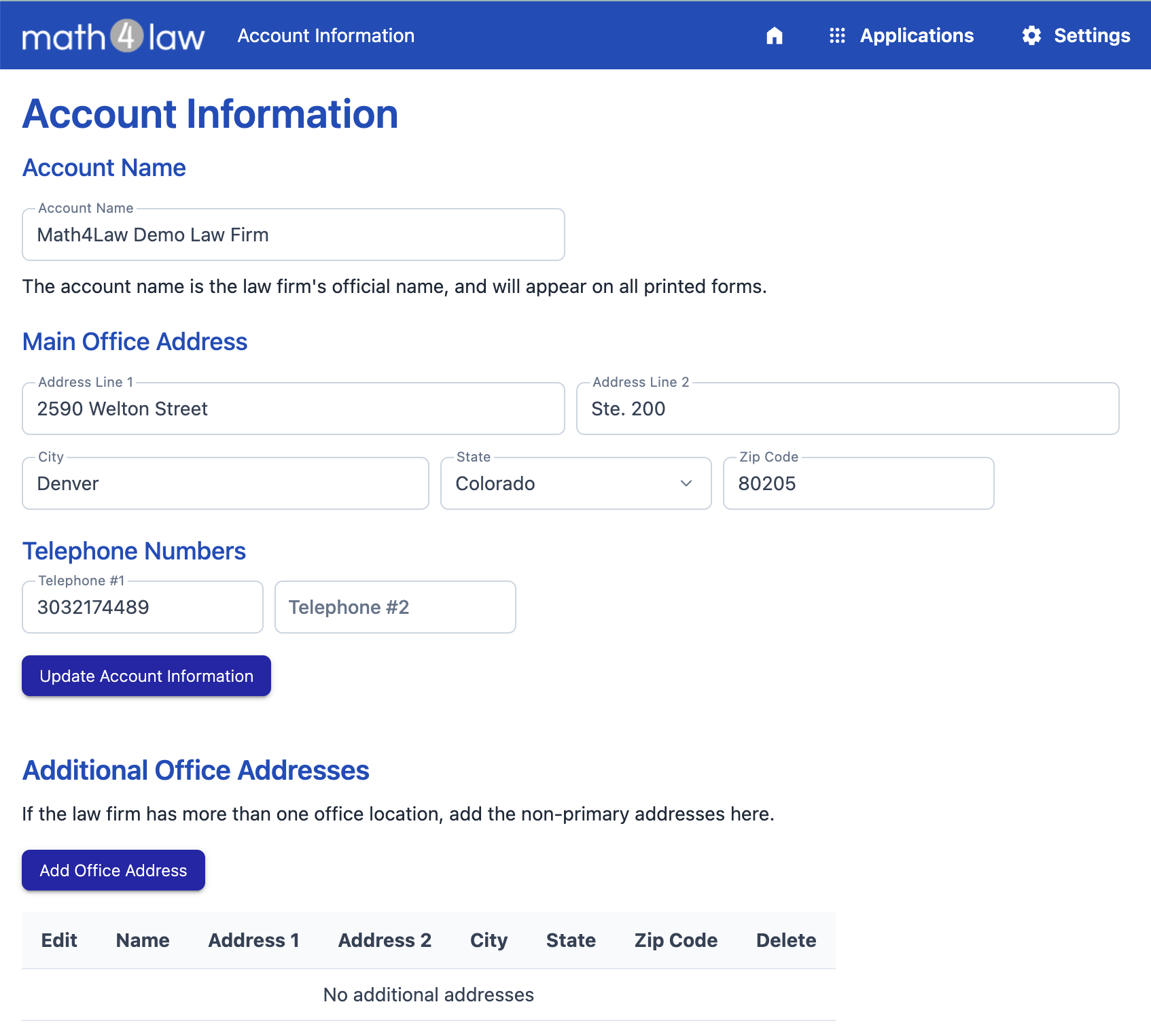 The account information page