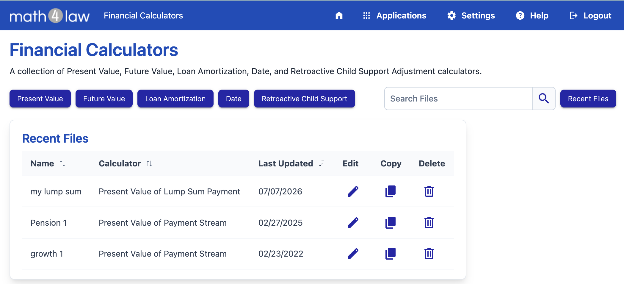 The financial calculators page