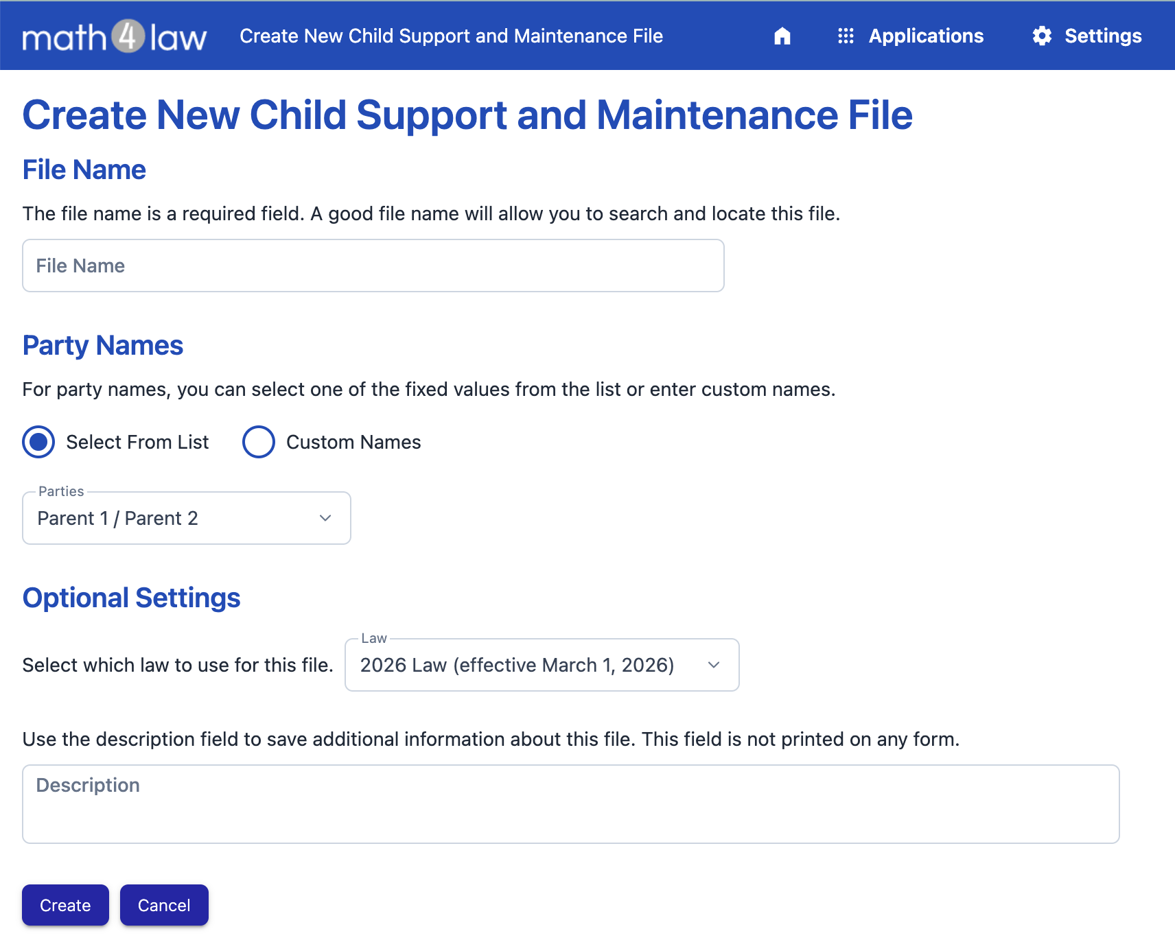 The create new file page